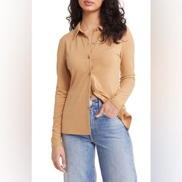 Open Edit Stretch Knit Tan Cartouche Long Sleeve Collared Button Up Blouse S - Picture 1 of 16